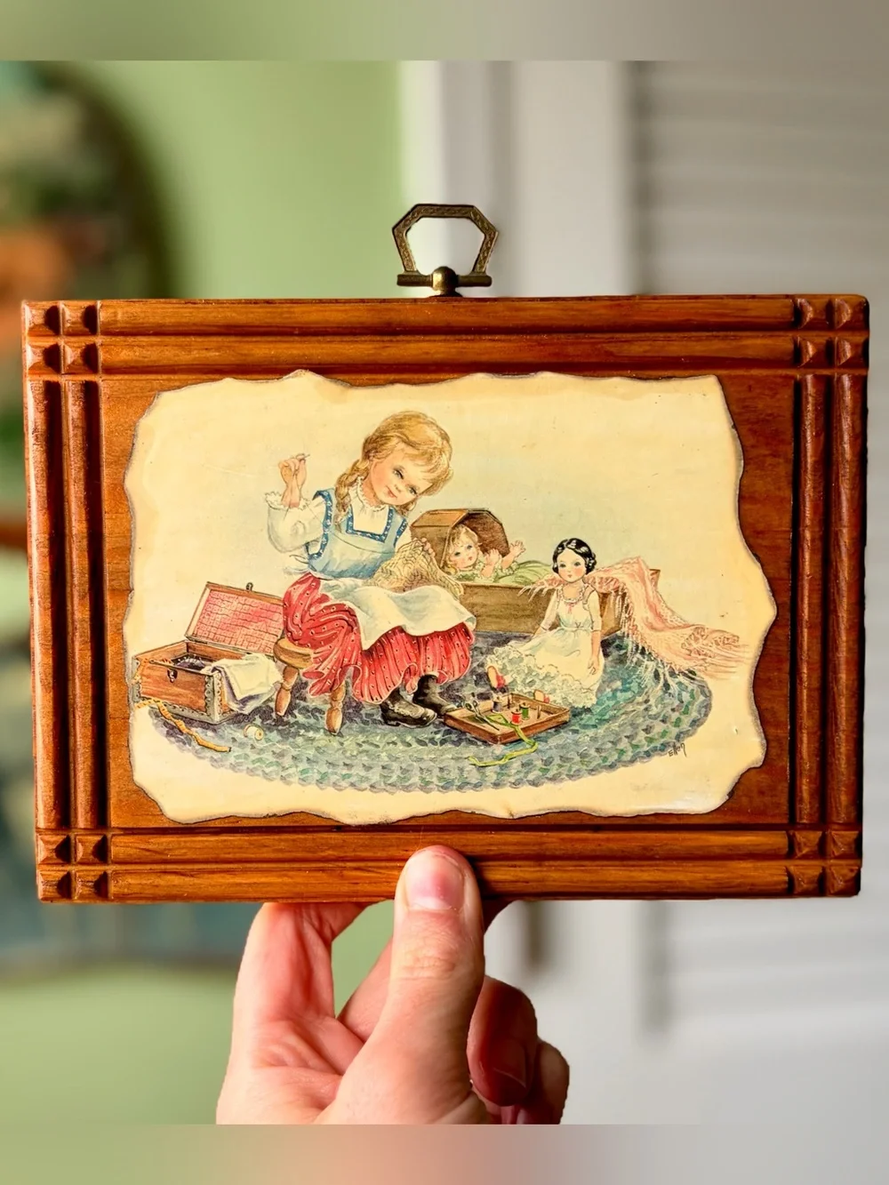 Vintage 1970s Girl Sewing with Dolls Wood Plaque Wall Decor